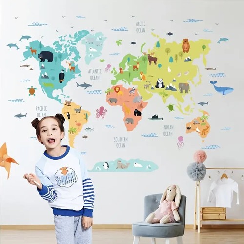 Wandtattoo tierische weltkarte - wandtattoo,